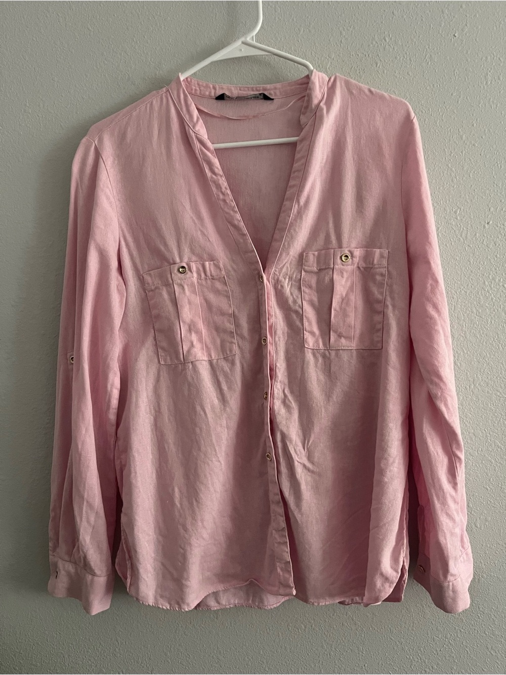 Zara Linen Blend Light Pink V-Neck Button up Blouse Size Small